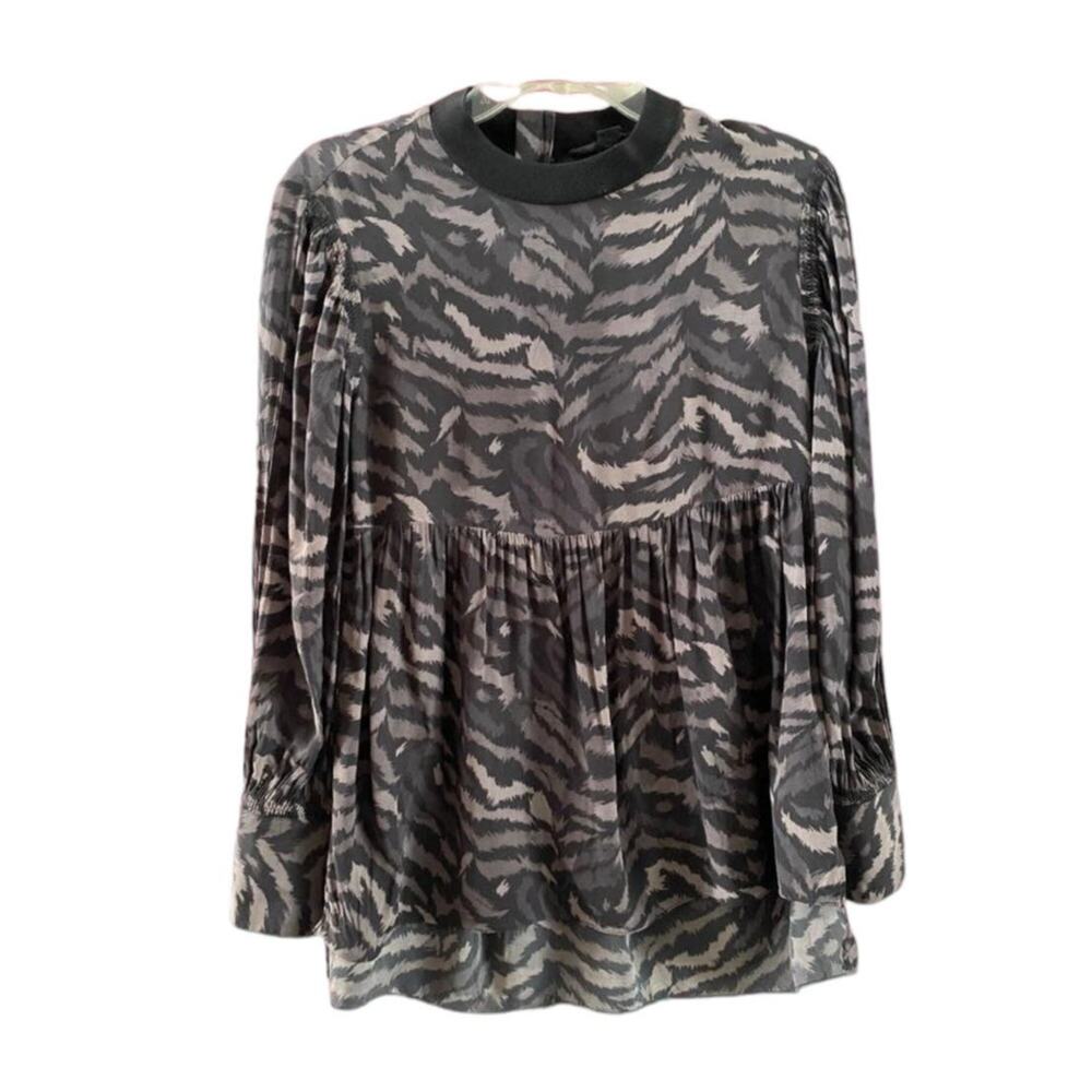 AllSaints Peplum Animal Print Blouse Black Gray Long Sleeve Flowy Top S Gothic
